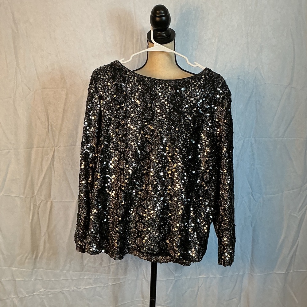 True Vintage Sequin Party Top Black Sparkle Evening Blouse